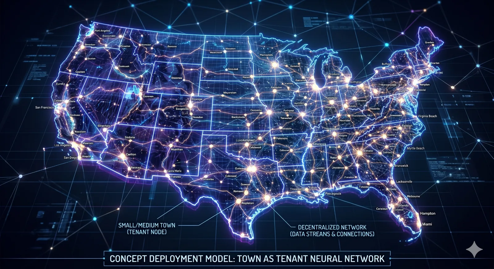 Concept deployment model showing towns as tenant nodes in a decentralized neural network across the United States