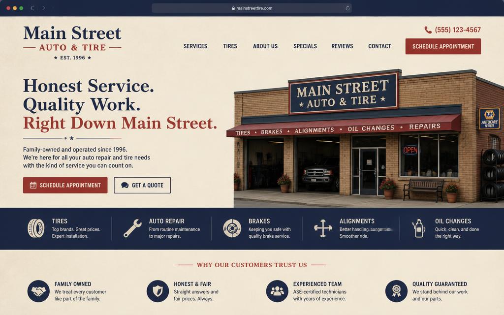 Classic Main Street website style — navy and barn red auto shop site