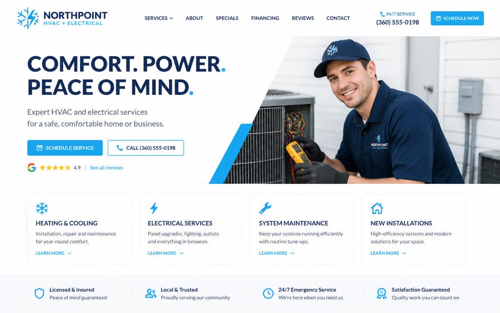 Clean Modern website style — navy and cyan HVAC and electrical site