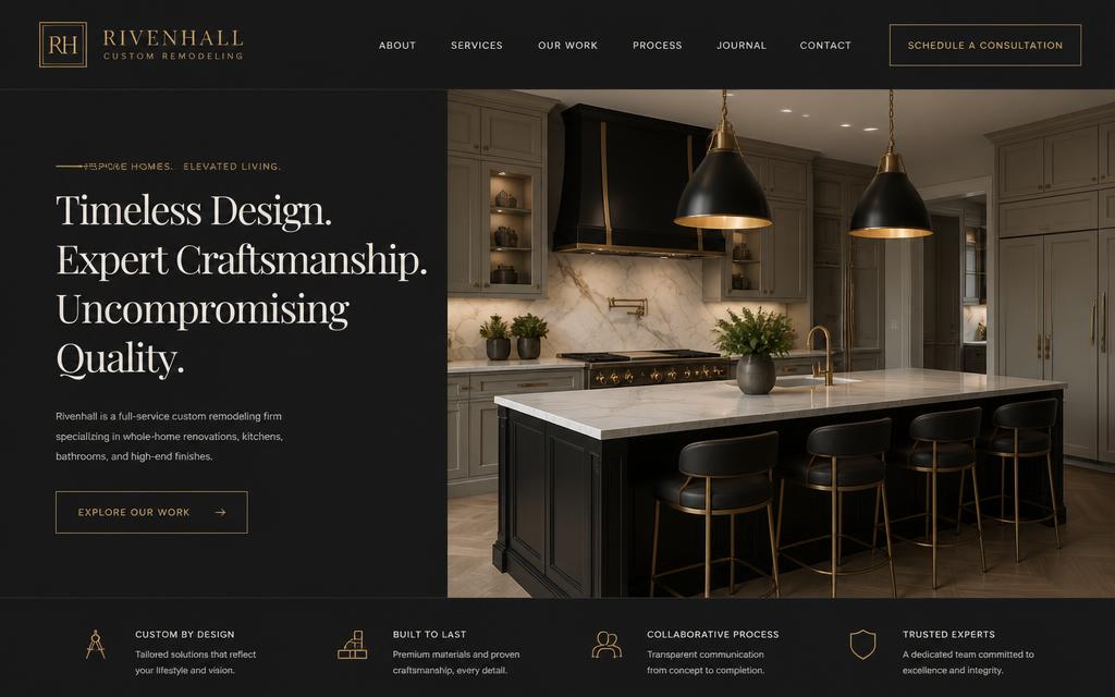 Premium Contractor website style — charcoal and brass remodeling site