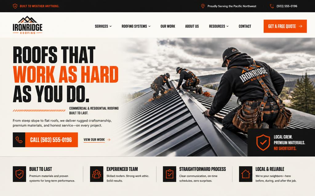 Rugged Trades website style — bold black and safety-orange roofing site