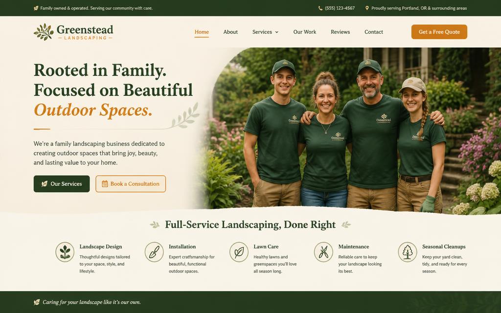 Warm Family Business website style — green and amber landscaping site